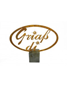 Schriftzug Griaß Di auf Holzklotz, Rostartikel, Deko aus Metall, Rostdeko, Tischdeko