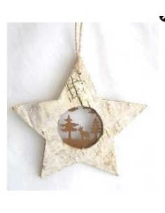 Weihnachtsdeko Stern aus Birkenrinde mit Metallmotiv - 12 cm