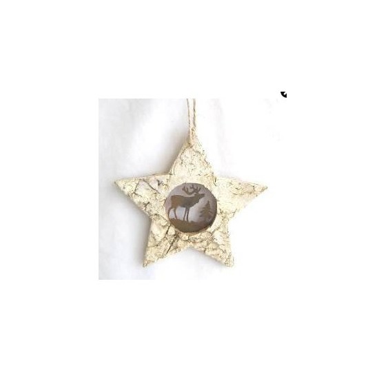 Weihnachtsdeko Stern aus Birkenrinde mit Metallmotiv - 12 cm