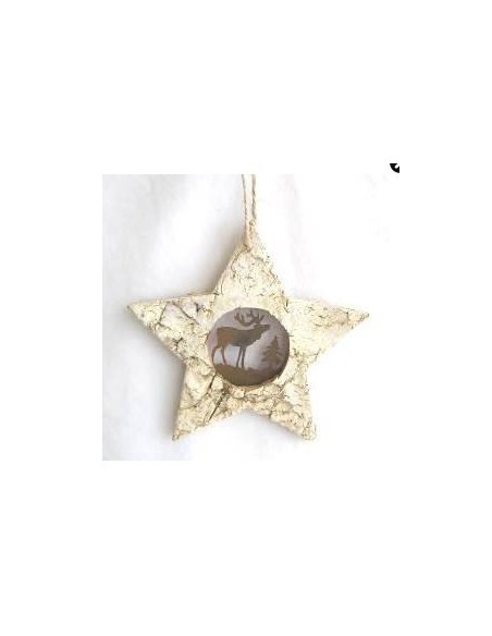 Weihnachtsdeko Stern aus Birkenrinde mit Metallmotiv - 12 cm