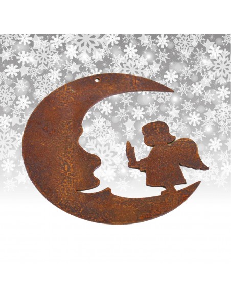 Gartendeko Rost Edelrost Christbaumschmuck Mond mit Engelskind, Höhe 8 cm Edelrost 
