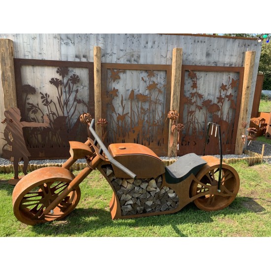 Wiesenzäune, Trennwände, Gesamtbild, Motiv A B und C, Metalldeko, Sichtschutzwände mit Motorrad