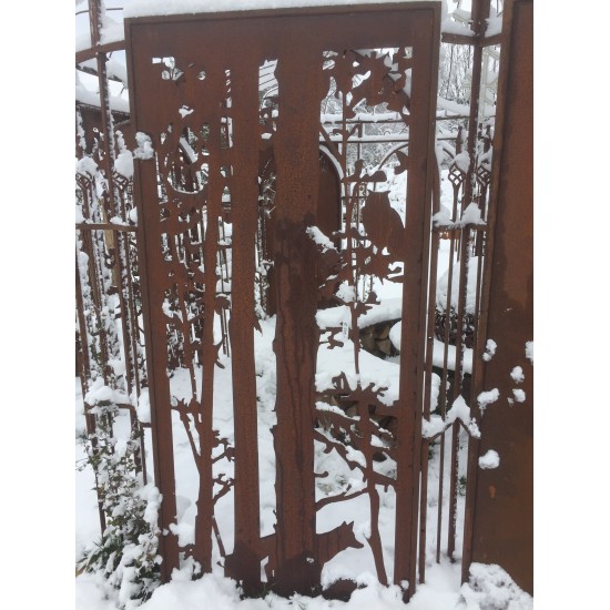 Wild Paravent "Fuchs und Eule" , Gartenparavent im Winter, Paravent filigran, Deko für den Garten, Paravent mit Schnee