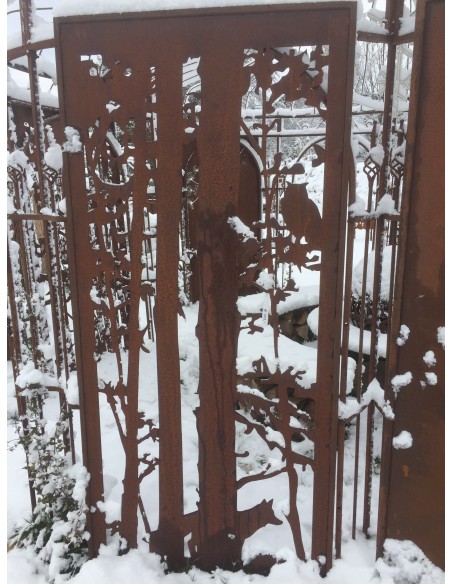 Wild Paravent "Fuchs und Eule" , Gartenparavent im Winter, Paravent filigran, Deko für den Garten, Paravent mit Schnee