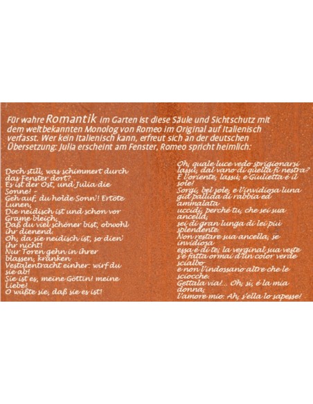 Edelrost Sichtschutzwand "Romance" mit Spruch, Romeo und Juliet, Metalldeko, Trennwand