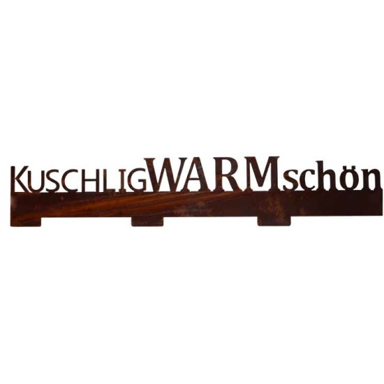 Feuerstelle mit Schriftzug "Kuschlig, Warm, Schön" aus Metall