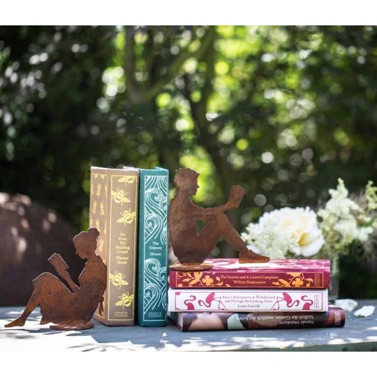 Dekofiguren Frau und Mann lesend als Buchstützen klein, Figuren aus Metall, Deko fürs Bücherregal, Tischdeko
