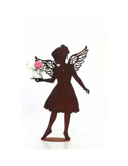 Dekofigur Engel Lea mit aufgesetzten Flügel und Platte in Hand , Gartenengel, Engel aus Metall, Engelfigur