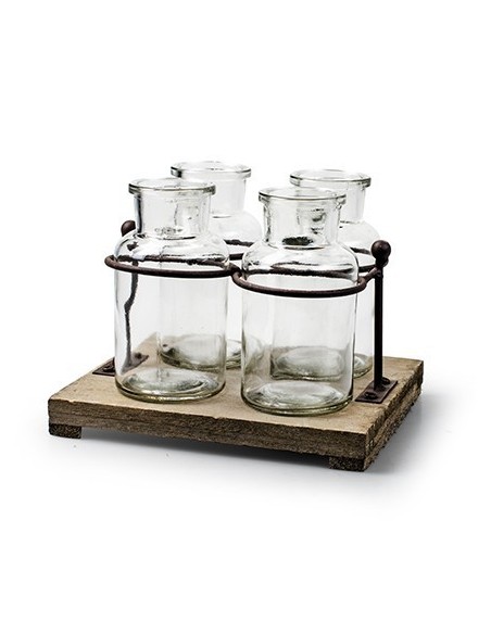 Deko Glasvasen auf Holz-Metall Städer Deko Glasvasen auf Holz-Metall Städer