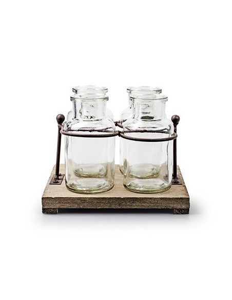 Deko Glasvasen auf Holz-Metall Städer Deko Glasvasen auf Holz-Metall Städer