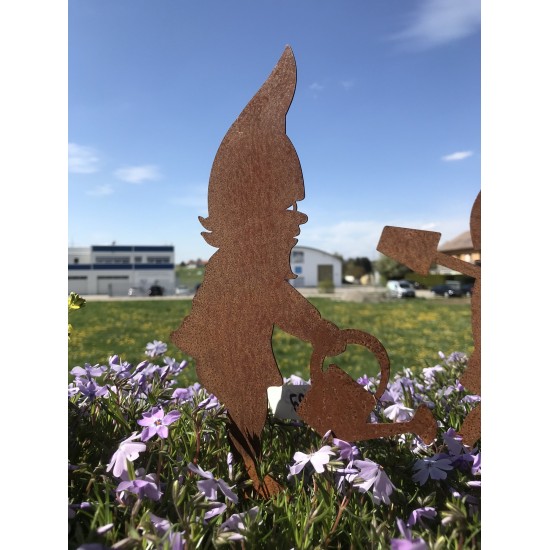 Edelrost Gartenzwerg lustig mit Gießkanne - Höhe 15 cm - mini