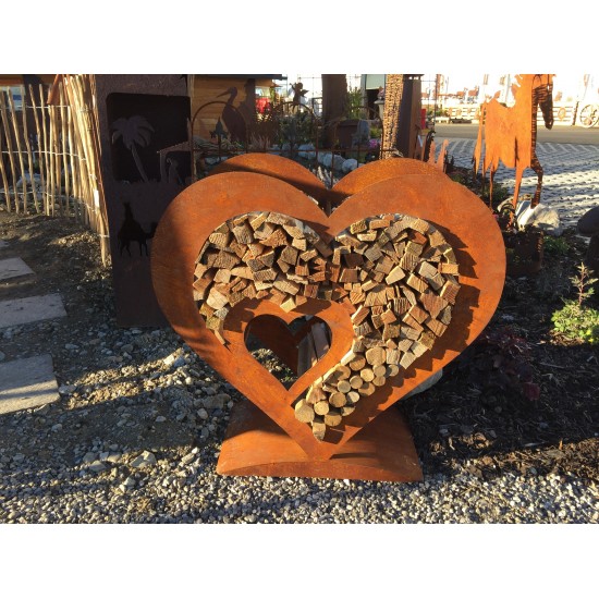 Edelrost Holzregal Herz mit kleinem Herz innen, auf Platte, klein, Höhe 72 cm