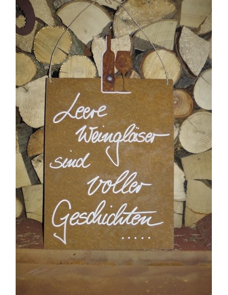 rostige Spruchtafeln Rostschild - Leere Weingläser sind voller Geschichten - 25 x 33 cm Edelrost-Wandbild Maße: Breite 25 Höhe 3