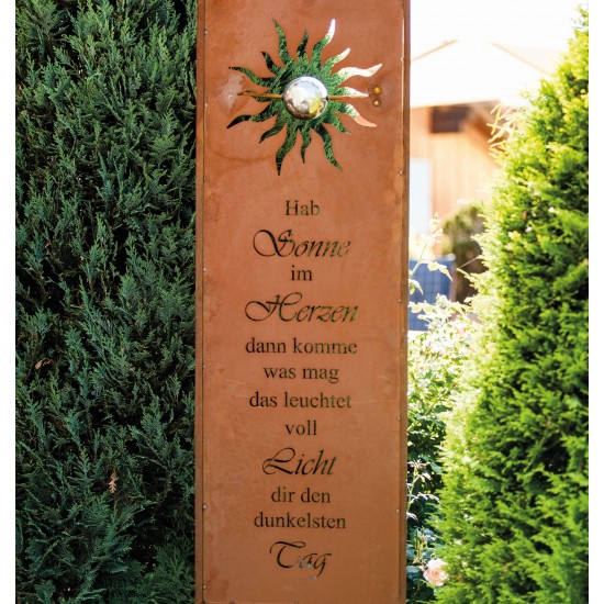 Gartenstecker "Sonne" aus Edelrost mit motivierendem Spruch