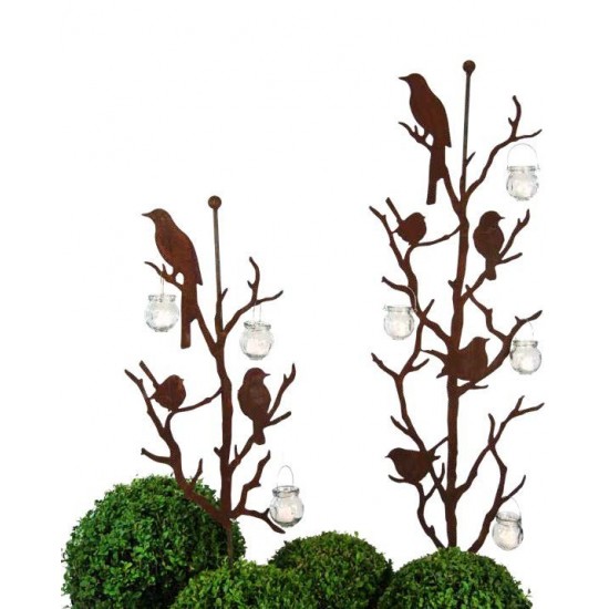 Edelrost Vögel auf Ästen an Stab mit Kugel 120cm