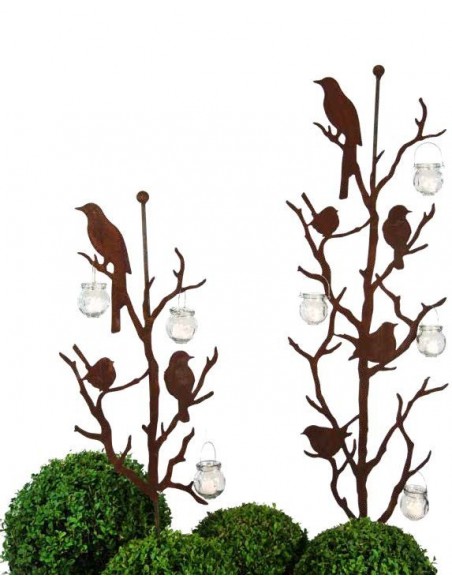 Edelrost Vögel auf Ästen an Stab mit Kugel 120cm