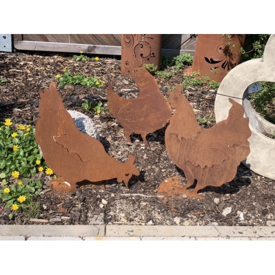Deko Huhn als Edelrost Gartendeko - Hühnerhaufen