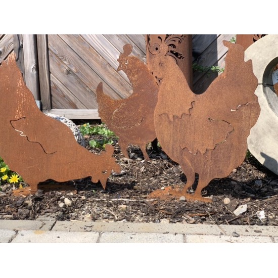 Deko Huhn als Edelrost Gartendeko - Hühnerhaufen