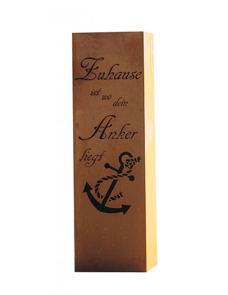 Einfache Edelrostsäule mit dem Spruch -Zuhause ist, wo dein Anker liegt.