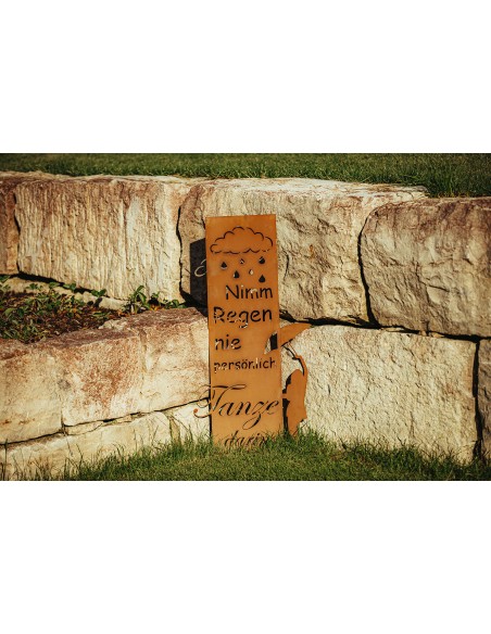 Edelrost Metall Gedichttafel mit dem Spruch -Nimm Regen nie persönlich tanze darin-