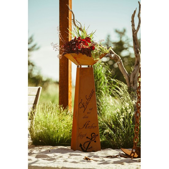 Trapez Rostsäule mit Spruch - Zuhause ist wo dein Anker liegt, inklusive Schale.