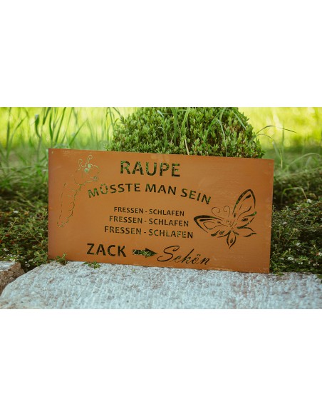 Edelrost Gedichttafel mit lustigem Raupenspruch.