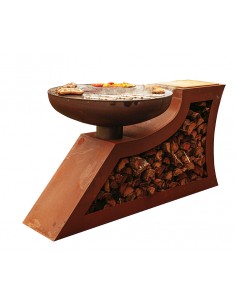 Feuerstelle, Grill in L-Form mit eingebauter Holzlege