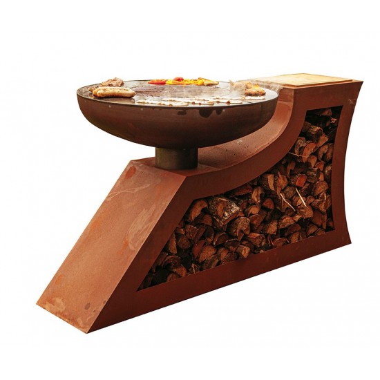 Feuerstelle, Grill in L-Form mit eingebauter Holzlege