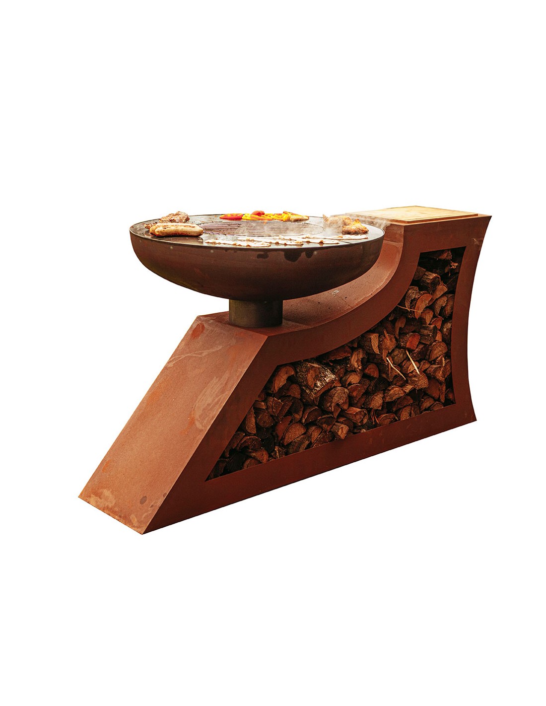 moderne Feuerstelle - Grill mit Grillring - Breite 160 cm unten Holzablage