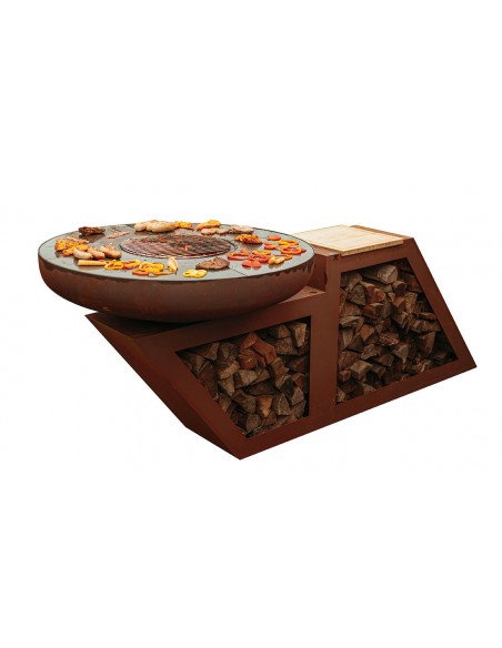 Feuerstelle, Grill in modernem Design mit eingebauter Holzlege