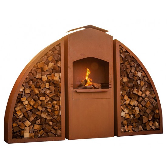 Edelrost Grill - Meridian, mit 2 seitlichen Holzlegen.