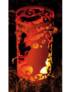 Edelrost Windlicht mit Eulenmotiv.