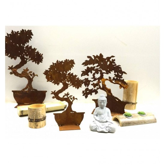 Edelrost Bonsai schmal auf eckiger Platte, Höhe 50 cm 