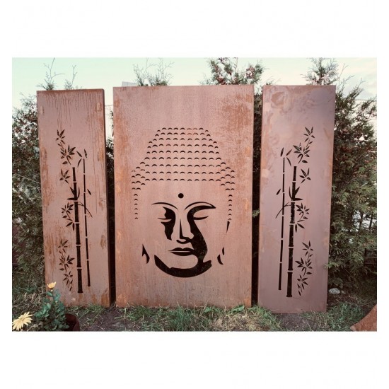 Bambus Deko Trennwand Set Metall mit Motiv - Buddha, Höhe 180cm - 3er Set Edelrost Sichtschutzwand "Buddha" im Set
Das mittlere