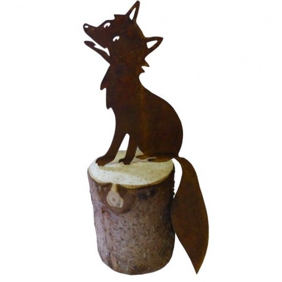 Edelrost-Figur Fuchs "Urmel" klein, Höhe 15 cm, auf Baumstamm - Gesamthöhe ca. 25 cm