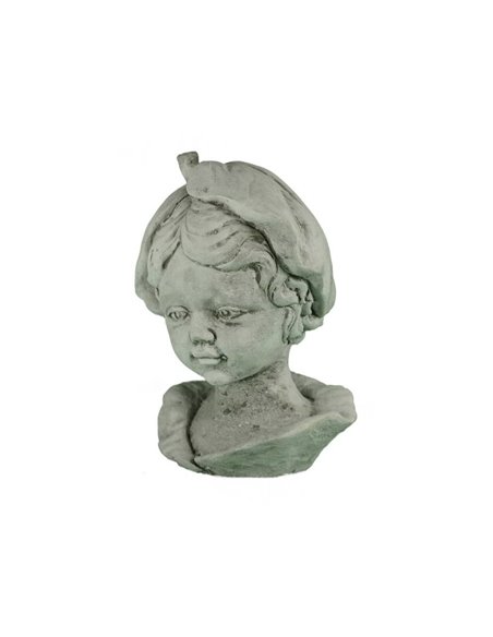 Kleiner Steinguss Kinderkopf mit rundlicher Blatthaube, Höhe 15 cm