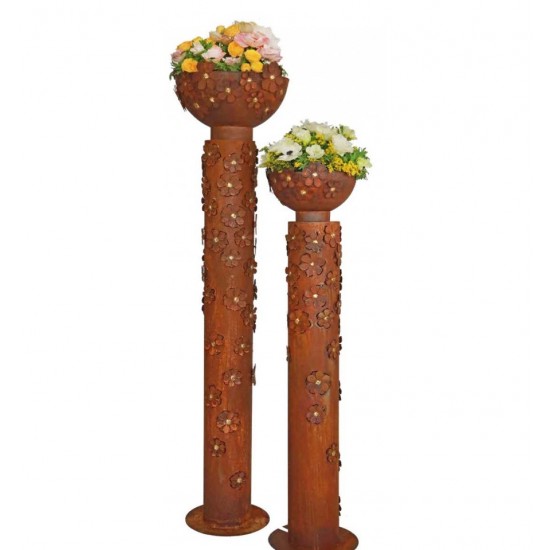 runde Rostsäulen Dekosäule Blütentraum, Säule mit aufgesetzten Blüten Höhe 148cm 
Schmale Rost-Säule mit aufgesetzten Goldblüte