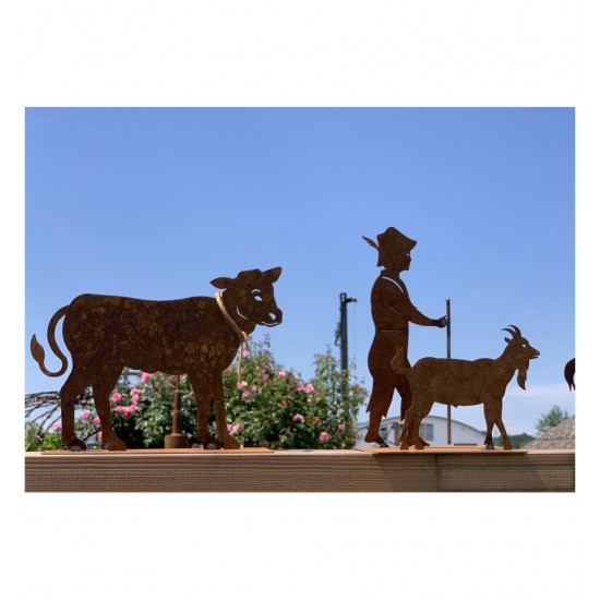 Menschen und Silhouetten Dekofigur Allgäuer Kleinhirt Peter mit Ziege aus Edelrost - Höhe 18 cm - Lustige Gaißenpeter Figur 

Lu