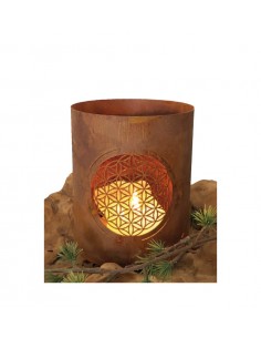 Kerzenhalter Garten Windlicht Blume des Lebens Ø 12 cm aus Metall mit Edelrost Patina 
Kleines Tischwindlicht für draußen mit