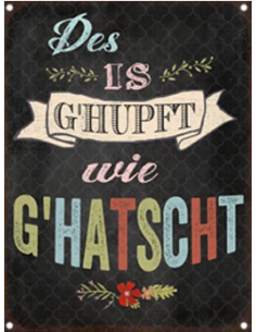 Des is g'hupft wie g'hatscht - lustiger Spruch auf Blechschild 20 x 15 cm