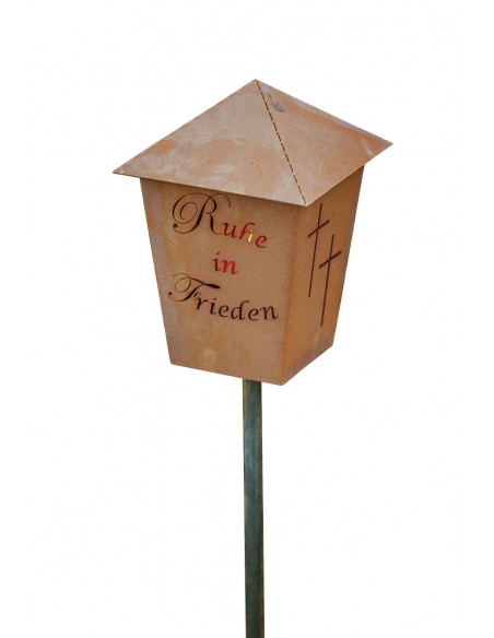 Edelrost Gartenstab mit Grablicht - Ruhe in Frieden, mit 2 Kreuzen