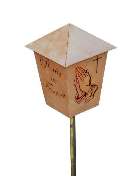 Edelrost Gartenstab mit Grablicht - Ruhe in Frieden, mit betenden Händen