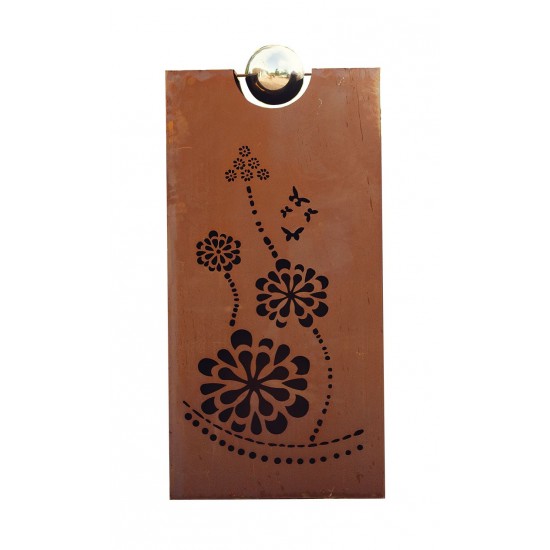 Rostsäule Rhombus mit Blumenmuster & Edelstahlkugel