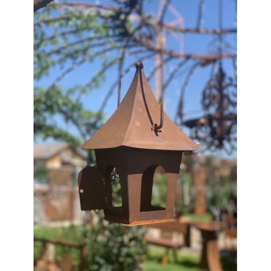 Deko Vogelhaus Metall 36 cm hoch mit spitzem Dach zum Aufhängen oder Stellen - Bügel abnehmbar
