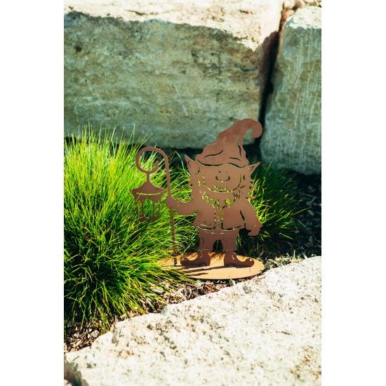 Deko Gartenwichtel - Tomte mit Laterne, aus Edelrost, Höhe 43 cm