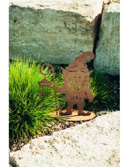 Deko Gartenwichtel - Tomte mit Laterne, aus Edelrost, Höhe 43 cm
