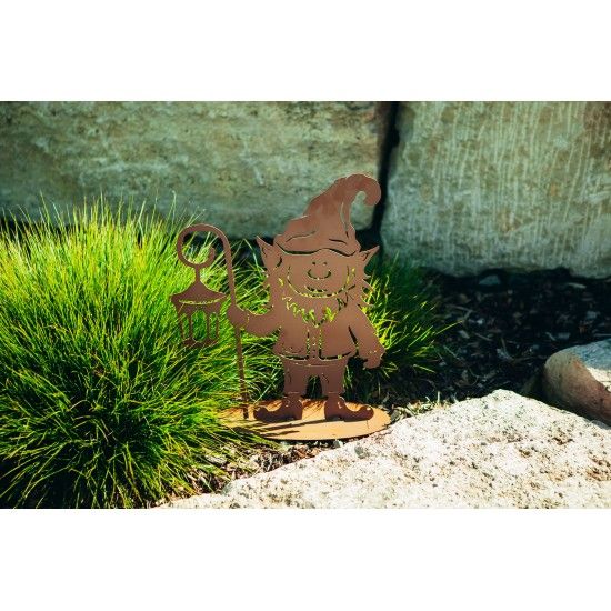 Deko Gartenwichtel - Tomte mit Laterne, aus Edelrost, Höhe 43 cm
