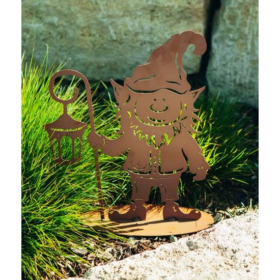 Deko Gartenwichtel - Tomte mit Laterne, aus Edelrost, Höhe 43 cm