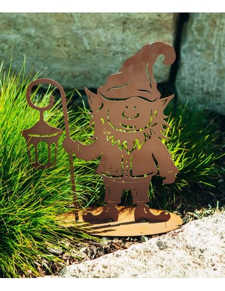 Deko Gartenwichtel - Tomte mit Laterne, aus Edelrost, Höhe 43 cm