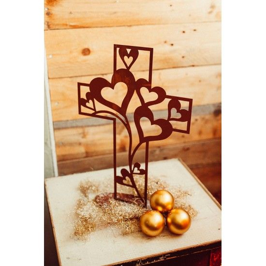 Deko Kreuz der Herzen - Edelrost, Höhe 41 cm